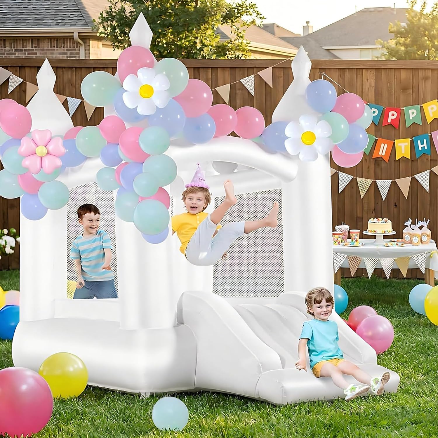 Kids Outdoor House With Slide - White Bounce House Indoor Outdoor Bouncy