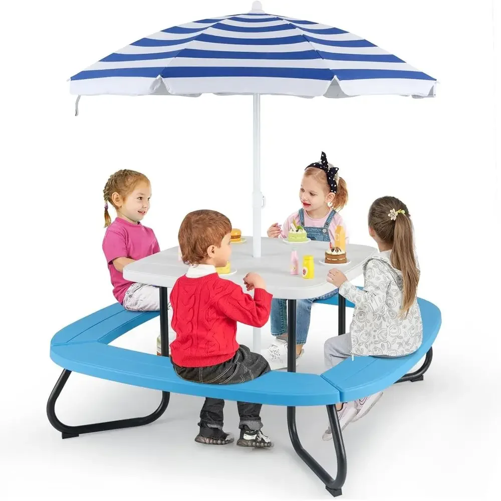 Kids Outdoor Bench With Umbrella - 8-Person Kids Picnic Table with Umbrella,
