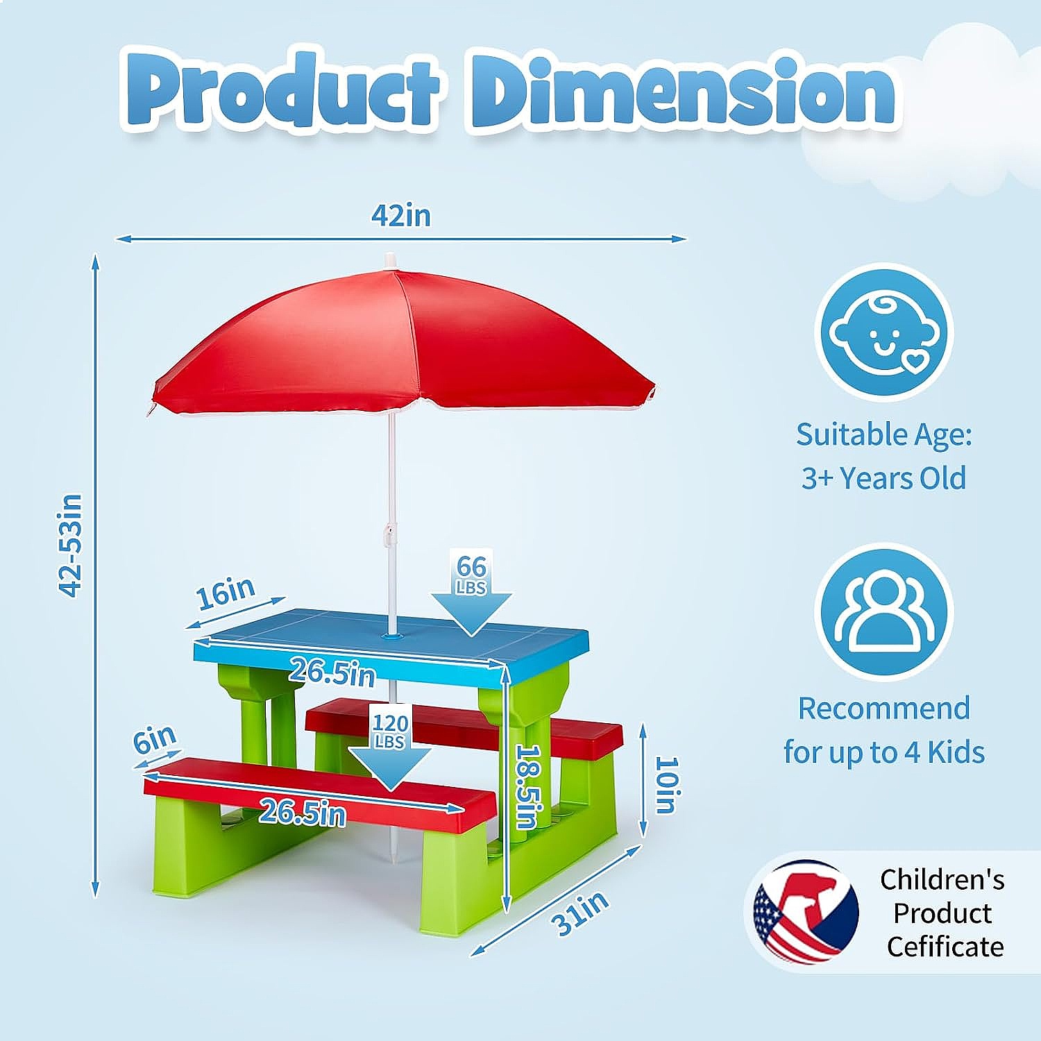 JOYMOR Kids Picnic Table with  - Kids Outdoor Bench With Umbrella 评论和价格