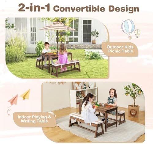 Kids Picnic Table, Outdoor Woo - Kids Outdoor Bench With Umbrella 评论和价格