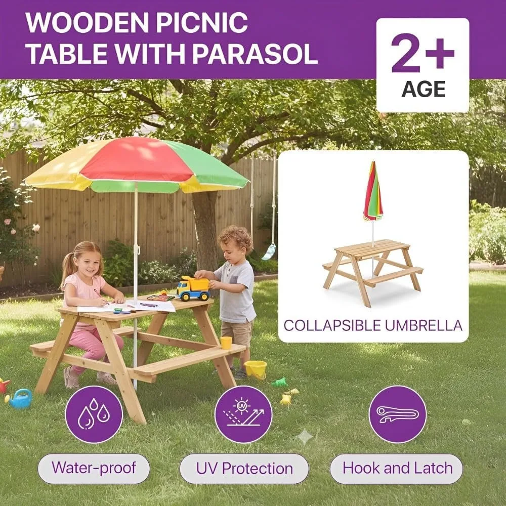 Wooden Kids Picnic Table Outdo - Kids Outdoor Bench With Umbrella 评论和价格