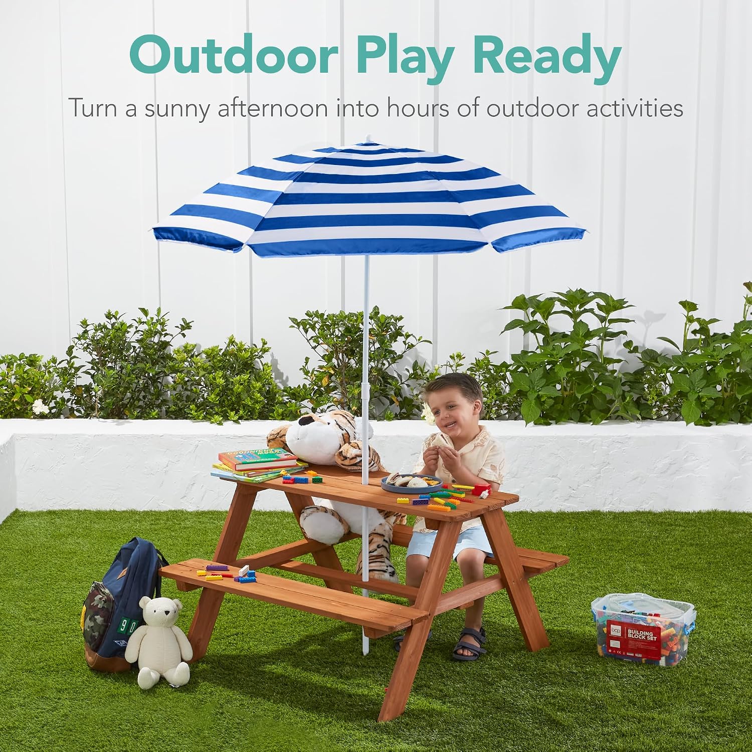 Wooden Kids Picnic Table with  - Kids Outdoor Bench With Umbrella 评论和价格